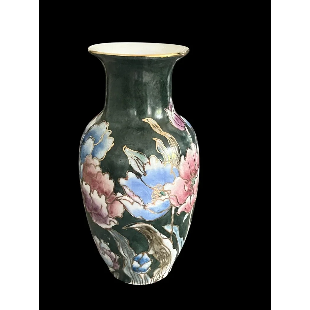 Vintage Hand Painted Chinese Porcelain Floral Vase Emerald Green Gilt 6.5in